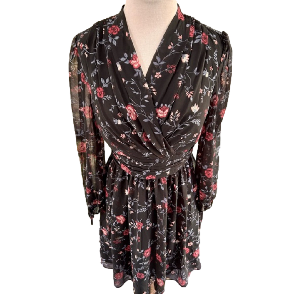 Gal Meets Glam Londyn Black Cherry Boho Long Sleeve Chiffon Floral Dress…